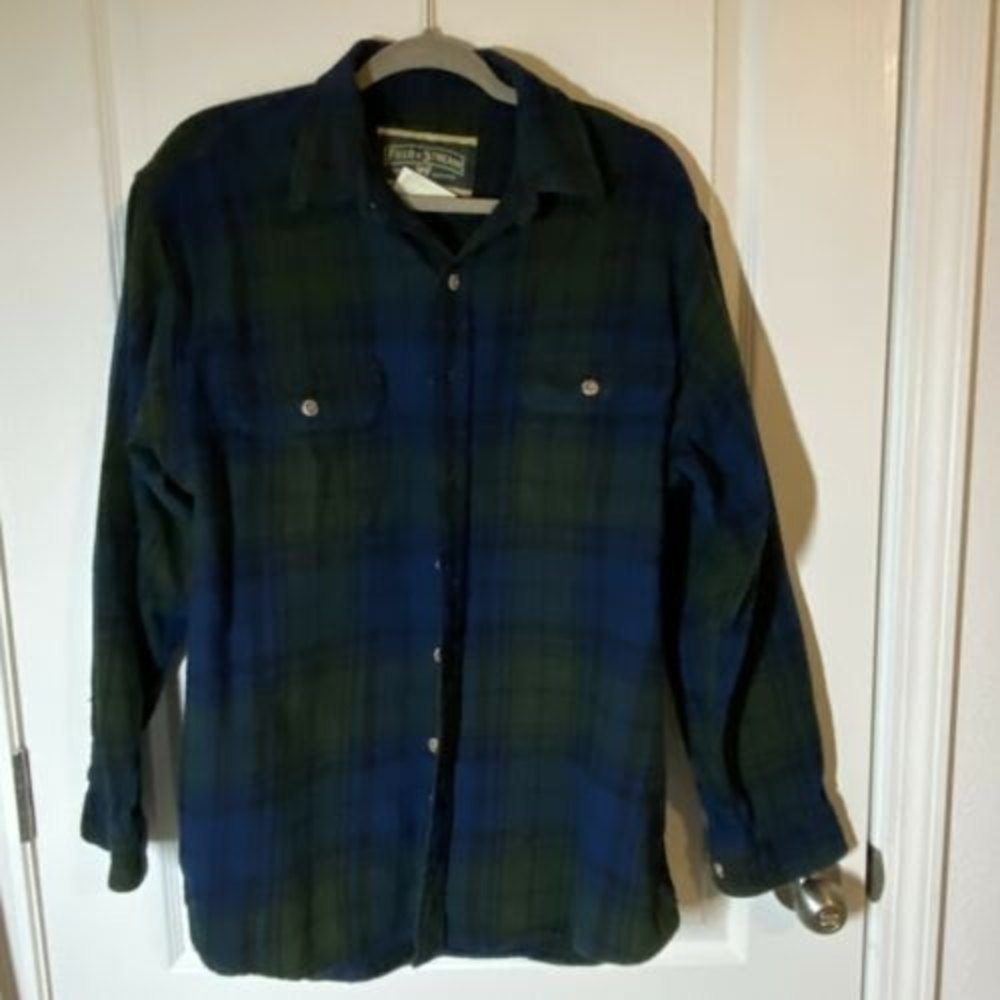 Field & Stream Blue Green Plaid Button Down Flannel Shirt Mens Sz L Pockets